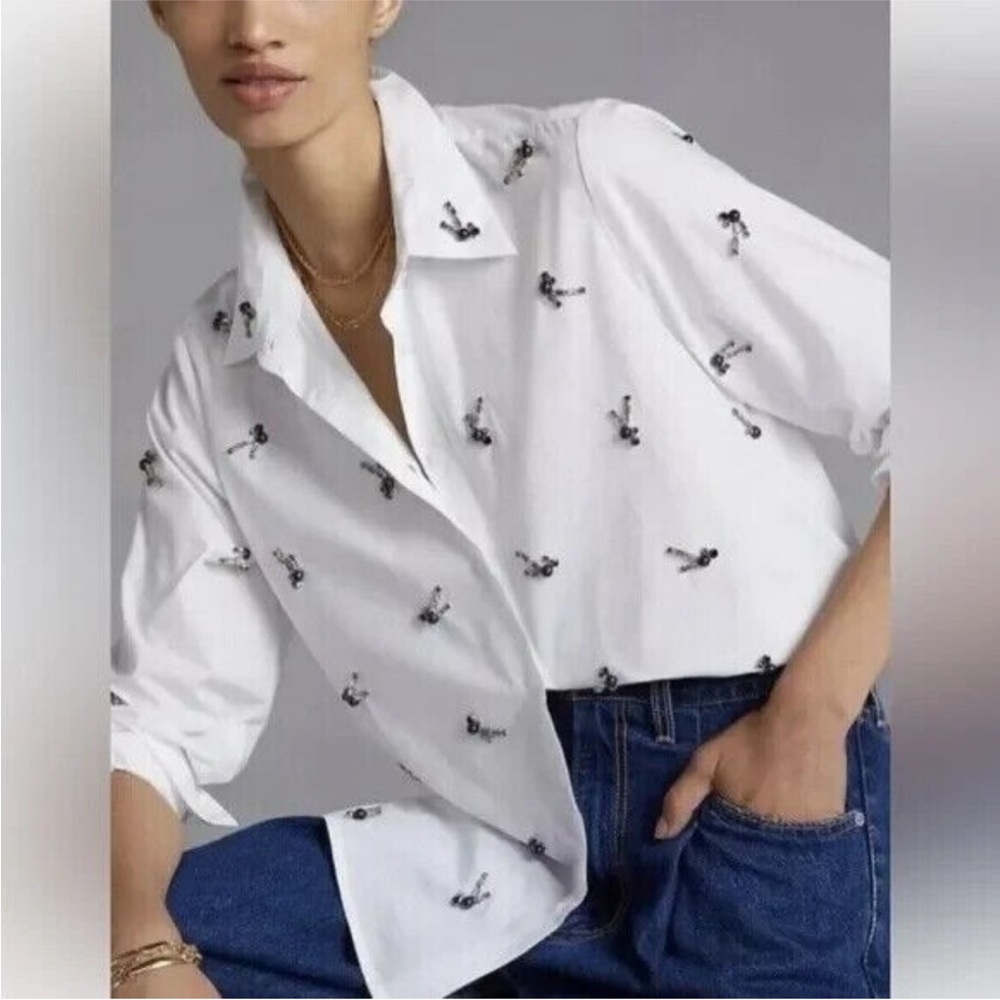Anthropologie White Shirt with Black Embellishments